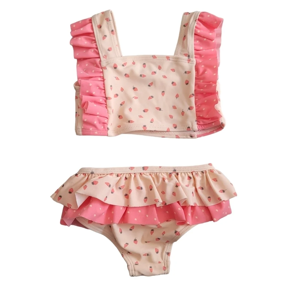 Jessica Simpson 3-6 Months Pink Ruffle Strawberry Bikini Swimsuit Summer Fruit